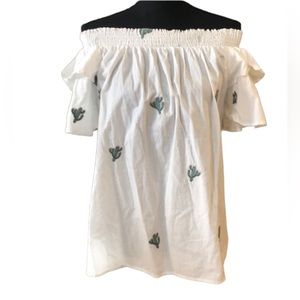 IMPRESSIONS DESERT DATE NIGHT OFF SHOULDER TOP WITH EMBROIDERED CACTI WHI SIZE M